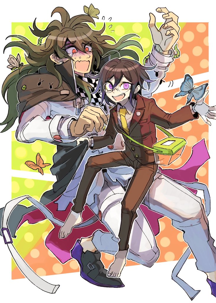 ouma kokichi bug butterfly multiple boys 2boys male focus checkered scarf jacket  illustration images