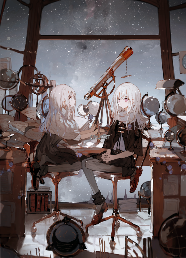 telescope multiple girls 2girls sitting star (sky) long hair white hair  illustration images