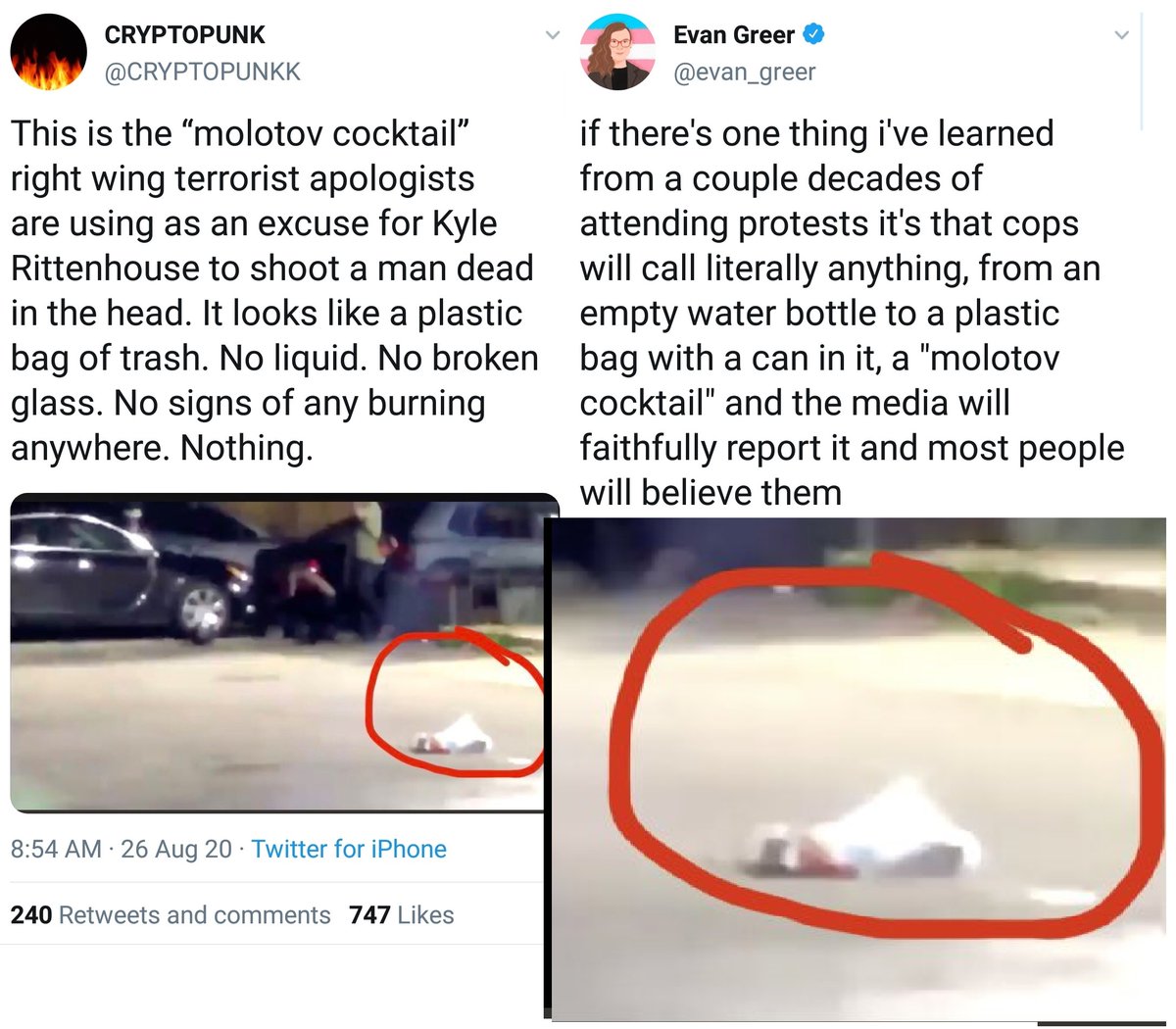 8/Next both sides humiliate themselves. First, the right said rioters threw a Molotov cocktail at Kyle as he ran from them.This is false, the video in tweet 5 shows whatever was thrown didn't catch fire like Molotov cocktails do. Closeups show it was almost certainly a bag