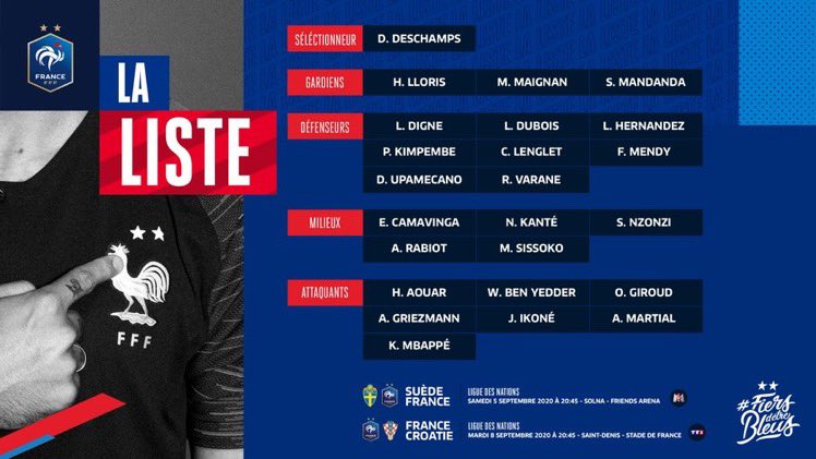clappingmedia's tweet photo. OFFICIEL✅

Voici la liste de Didier Deschamps pour affronter la Suède et la Croatie pour la Ligue des Nations. https://t.co/Id9yTSsGEU