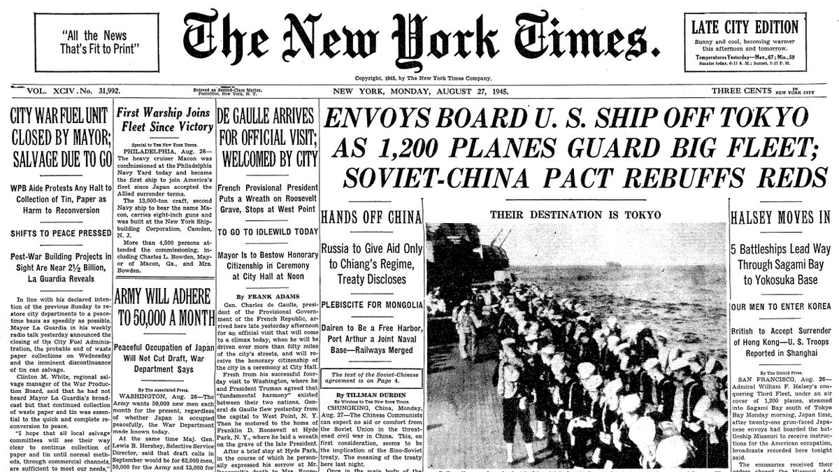 Aug. 27, 1945: Envoys Board U.S. Ship Off Tokyo As 1,200 Planes Guard Big Fleet; Soviet-China Pact Rebuffs Reds  https://nyti.ms/34C132b 