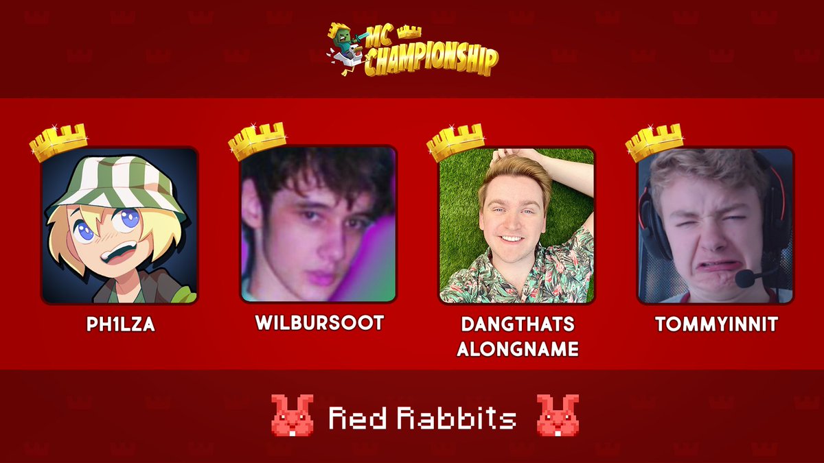 MCChampionship_'s tweet photo. 👑 Announcing Team Red Rabbits! 👑

@Ph1LzA @WilburSoot @Smajor1995 @tommyinnit
 
Watch them compete in the MC Championship on Saturday 12th September 8pm BST!

https://t.co/RtzyjR0lpM https://t.co/W86d6ocBQg