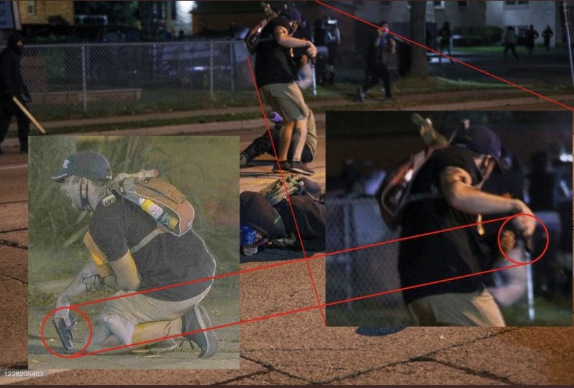 11/Next we have some photos:The left shows Photo 1: the man shot in the arm as a victim, (emphasis on his wounds)/The right shows Photo 2: that same man attacking Kyle with a gun (emphasis on him holding the gun)Photo 3 shows both the wounds and the gun.