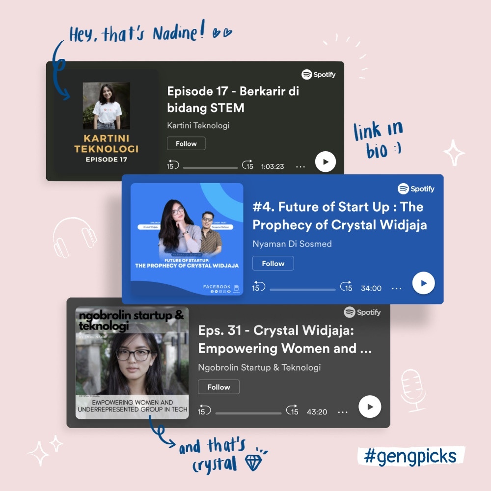 crystalwidjaja's tweet photo. Whether in a 🚗, sleeping 😴, or🏋️‍♀️, we at @GenGirlID love to listen to podcasts! We have 3 podcast recommendations where the guests are our cofounders, Anbita Nadine &amp; Crystal Widjaja (me!). Hit the links @ https://t.co/chSUHCCRoD to listen &amp; let us know your takeaways are! ❤️ https://t.co/Re5fOww4HH