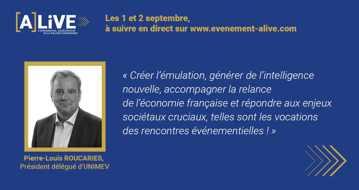 <a href="/UNIMEV_FR/">UNIMEV</a> est partenaire de [A]LiVE, un événement de relance, inédit et positif. Au programme 4 plateaux thématiques sur le lien social, l'engagement, le business et l'innovation &amp; 2 Talks d'infotainment. 
Rdv à Cannes et online les 1er et 2 septembre : bit.ly/3f7O5dS
