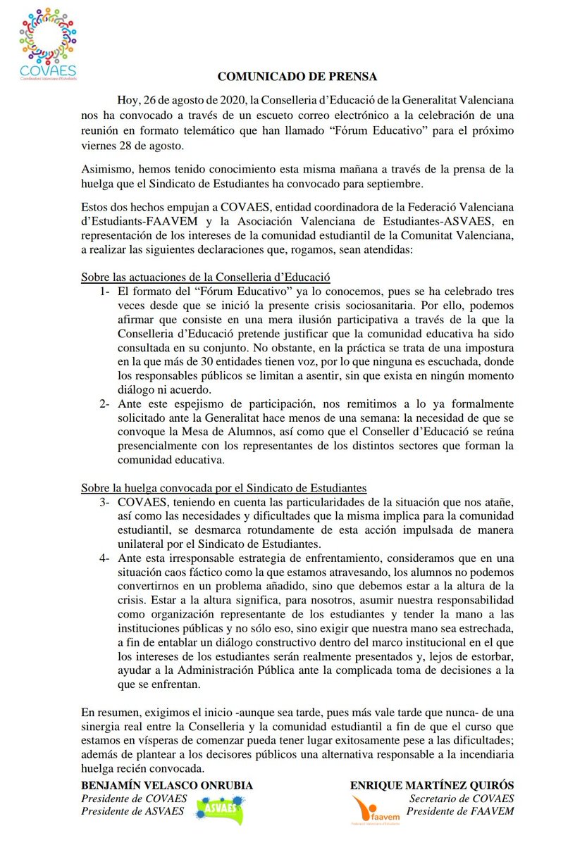 Comunicado remitido ayer por COVAES a la prensa en respuesta a las actuaciones de la <a href="/GVAeducacio/">GVA Educació</a> y a la convocatoria de huelga por parte del Sindicato de Estudiantes.

Pedimos trabajo y responsabilidad a todas las partes. Más vale que sólo sea tarde en vez de tarde y mal.