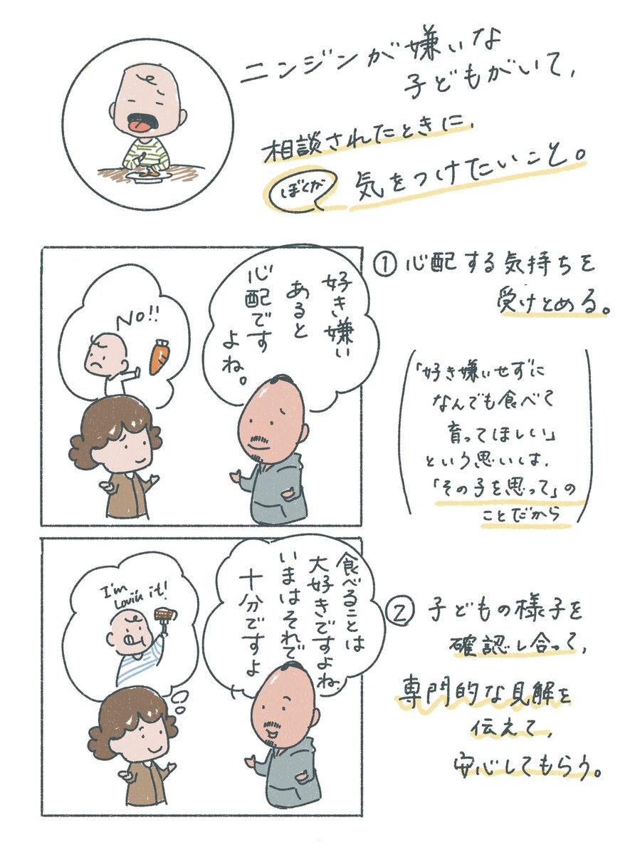 【子どもに嫌いな食べ物があって心配】そんな相談を受けたときにぼくが気をつけたいこと

本質の解決に向かうために、問題がどこにあってどの視点で支援していくか。ひとつの例として過去に書いた漫画を再掲します。 