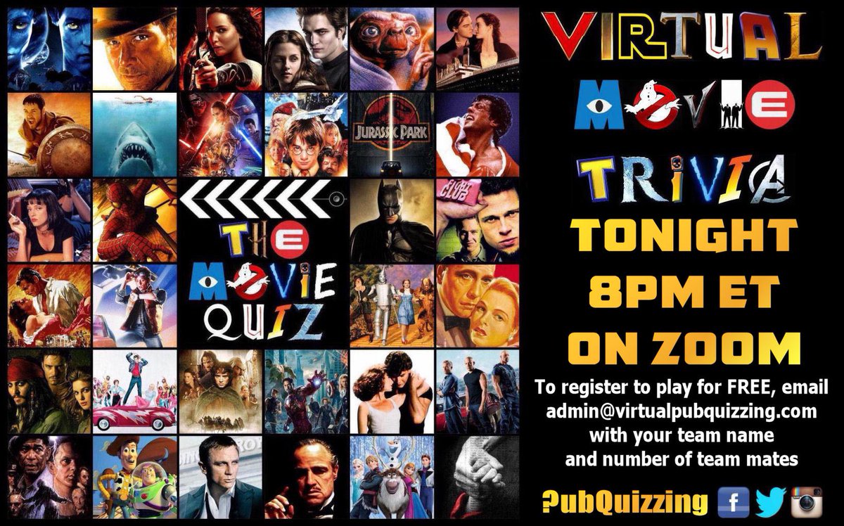 PubQuizzing's tweet image. Tonight’s Thursday themed trivia is all about the #movies. Email admin@virtualpubquizzing.com to register with your team name and number of players. #MovieQuiz #MovieTrivia #Trivia #TriviaNight #MovieTriviaNight #VirtualTrivia #VirtualMovieTrivia #VirtualMovieQuiz 🎞🎥🍿