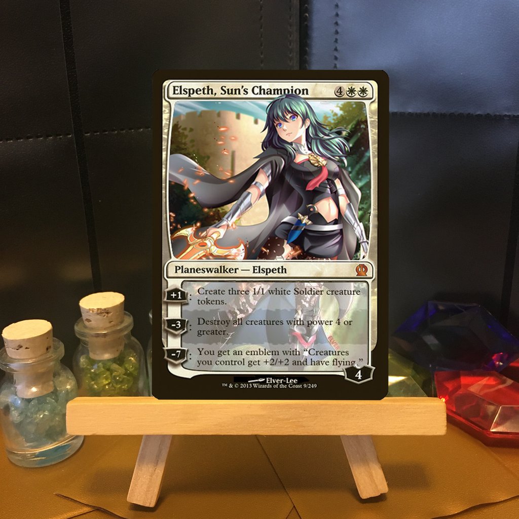 LakeMtg's tweet photo. Planeswalers are always hard to make, I was supper happy with how this one turned out however. Elspeth is one of my favorites, So its good to see that I can alter her well.
 #fe3h #fireemblem #threehouses #magicthegathering #mtg #alters #planeswalkers #elspeth https://t.co/2VsyQCa9U6