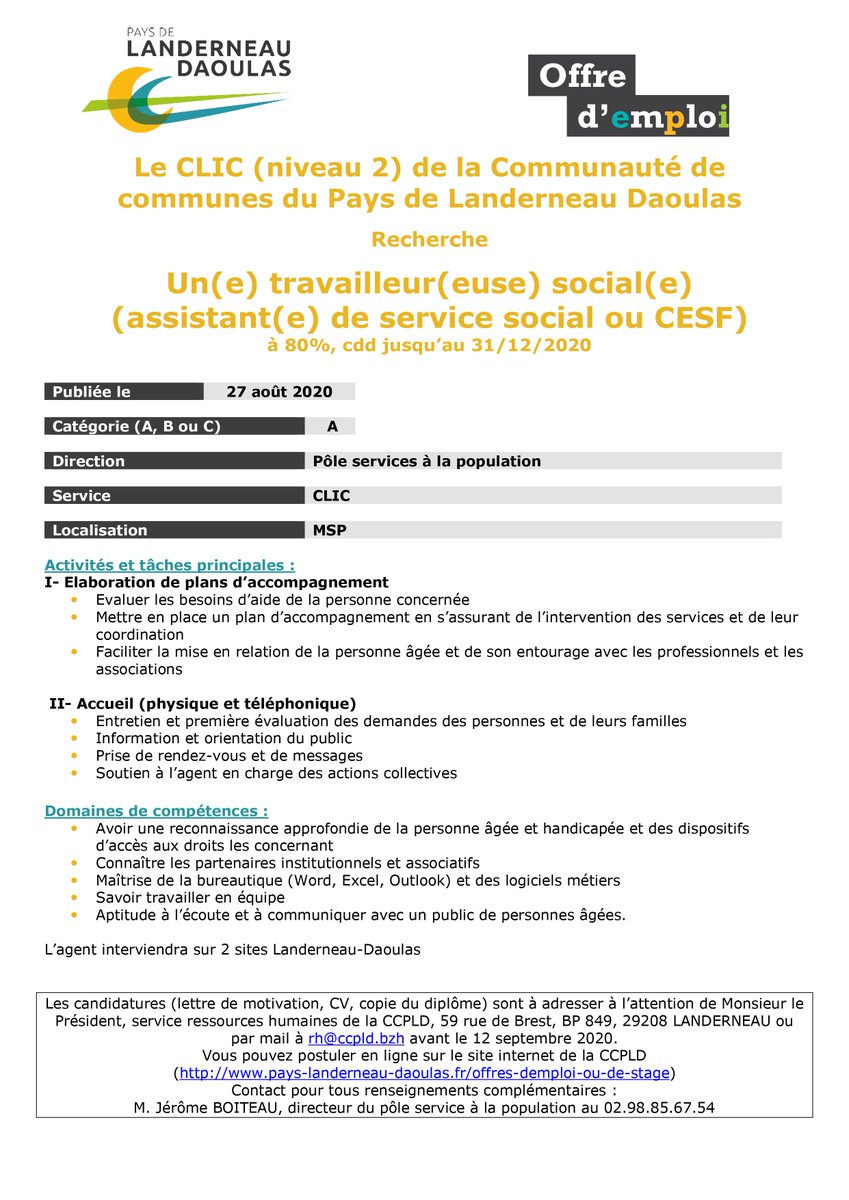 👉On recherche un(e) assistant(e) social(e) ou CESF en CDD jusqu'en décembre : rejoignez-nous !
Plus d'infos ci-dessous et pour postuler rdv sur pays-landerneau-daoulas.fr/offres-demploi…

#emploi #social #finistere #landerneau #AS #CESF #CDD #job