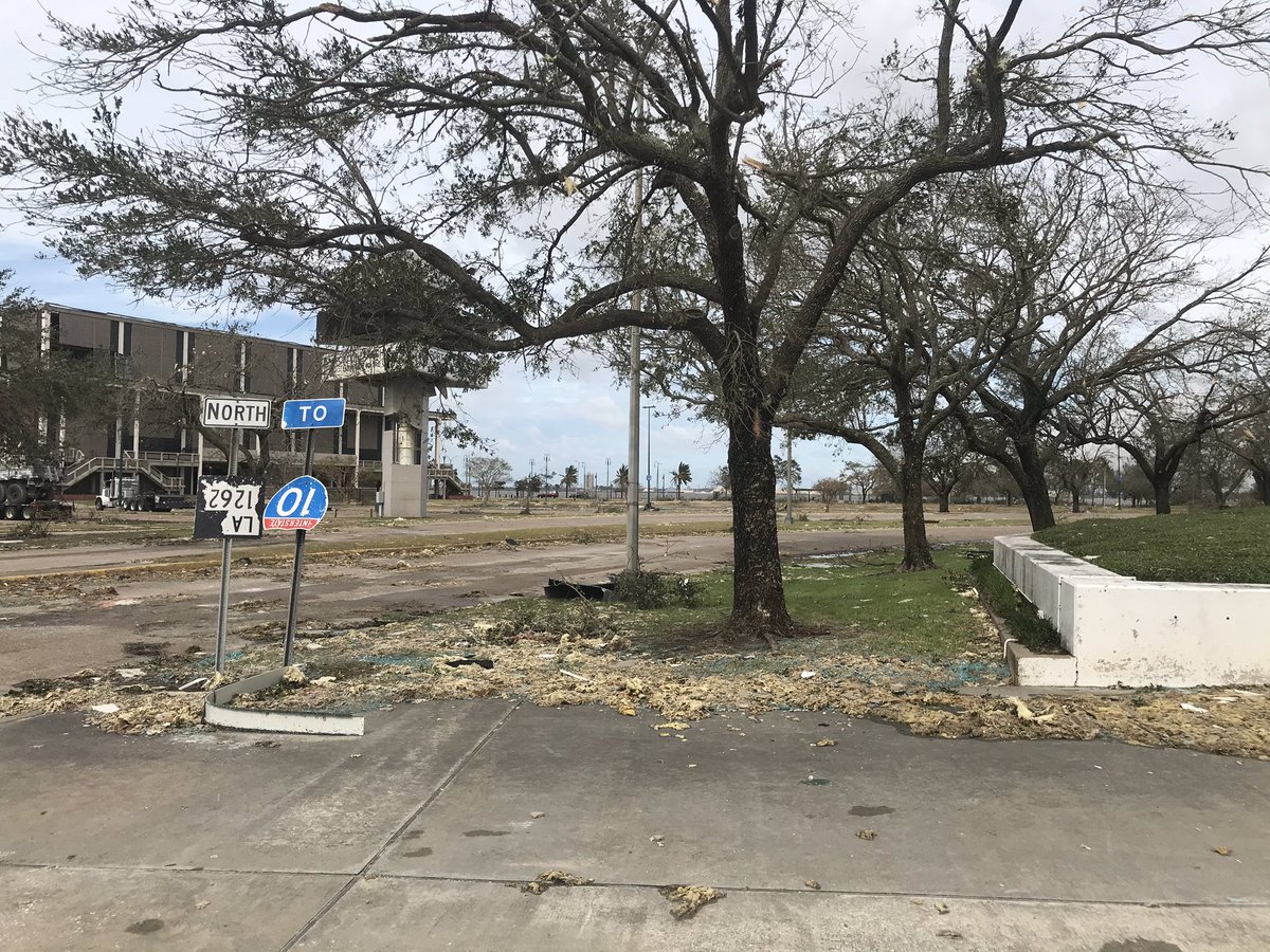 Scene around downtown Lake Charles the morning after Hurricane Laura. A ton of wind dam angle. Shattered glass everywhere, utility lines down. Not a ton of water but a few streets flooded.