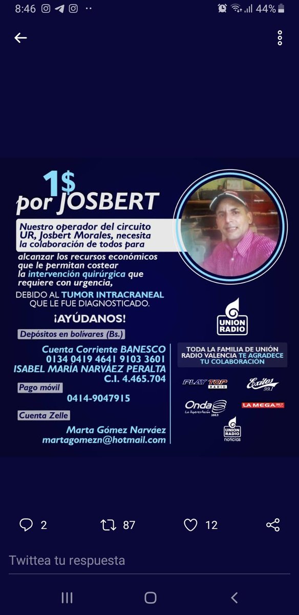 Altatension957's tweet photo. Josbert es un excelente trabajador de union radio  , seria un detalle que lo ayudaramos......🙏🙏🙏🙏 https://t.co/yg85X6VkE0