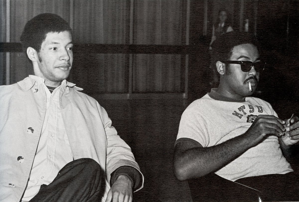 When Black students began attending MTSU in the 1960s, this is the racist atmosphere they encountered. In 1968, one Black student from Memphis, Sylvester Brooks, had enough. He decided to speak out in  @MTSUSidelines. Brooks, left, with fellow student Robert Rucker.