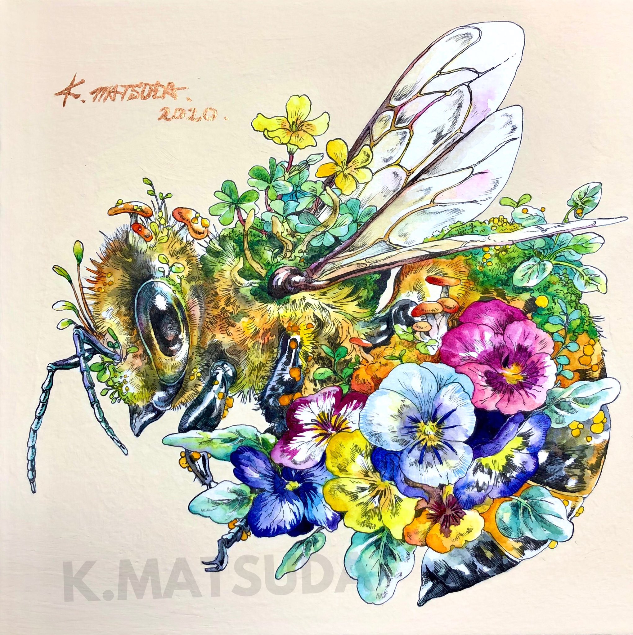 マツダケン 運び手 S0 水彩 ペン アクリル ミツバチをモデルに 花粉を運ぶ様を描きました 後ろ足に花粉団子を作る習性がありますが さらにそこからパンジーの花を描くことで花の命を運び繋いでいる暗喩にしています 特に瞳の色合いの移り具合が