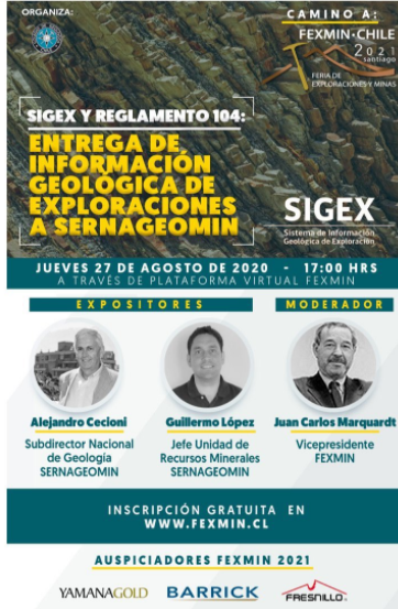 sernageomincl's tweet photo. FEXMIN! Hoy, a las 17:00 hrs., el Subdirector Nacional de Geología de @Sernageomin, Alejandro Cecioni, y nuestro jefe de la Unidad de Recursos Minerales, Guillermo López, exponen sobre #Sigex y el Reglamento 104. Más información en https://t.co/DJEnMnyKDO https://t.co/ej7o6zCOjQ
