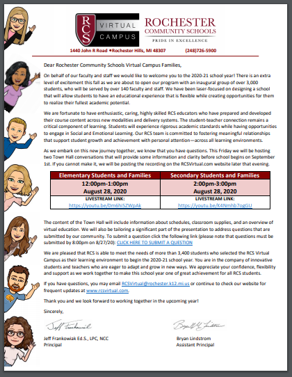 rochcommschools's tweet photo. You are invited to two informational virtual town hall meetings for @RCSVirtual. 

Elementary students on Aug. 28 at noon: https://t.co/mVv5aCMhy5.

Secondary students on Aug. 28 at 2 p.m.: https://t.co/v6S5LeRoLA. 

Submit questions in advance here: https://t.co/hyadPxBXKn. https://t.co/aPPaLM9aGO