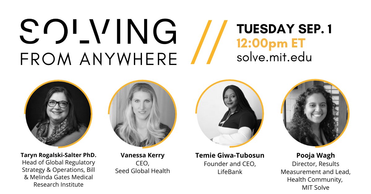 SolveMIT's tweet photo. How can we innovate for a Covid-19 vaccine with equitable access? Join @temite @LifeBankNigeria, @VBKerry @Seed_Global, Taryn Rogalski-Salter PhD @GatesMRI and @poojawagh0 @SolveMIT for #SolvingFromAnywhere on Sept. 1 @ 12pm ET 🔬 https://t.co/jEUIjQoY8D https://t.co/1g56XEptGY