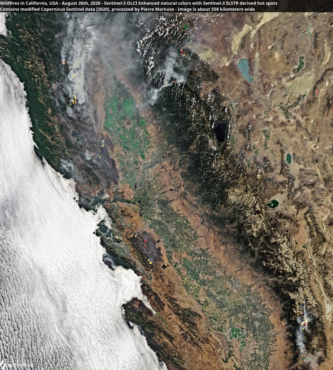 eo_services's tweet photo. Retweet @ CopernicusLand: RT Pierre_Markuse: 🟠 #Wildfires🔥 and smoke plumes in #California, #USA🇺🇸 26 August 2020 #Copernicus #Sentinel-3🛰️ Full-size ➡️ https://t.co/oZwdM5cCV4 #scicomm #OpenData #CaliforniaFires #CALFIRE #LNULightningComplex #SCUL… https://t.co/oIV5BYy2yM