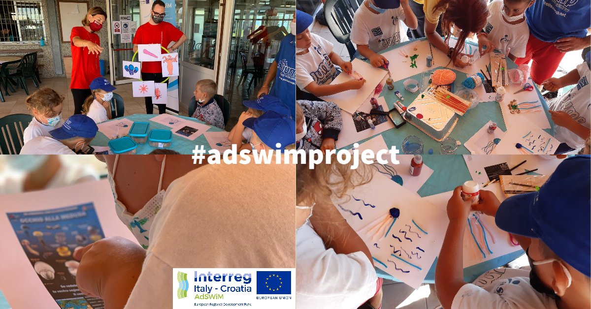 AdswimProject's tweet photo. August 25. The #Adswim Fano labs for children carried out by @UnivPoliMarche. Did you know that #jellyfish are the most efficient sea #swimmers with amazing childhood? They are bio revelators and have superpowers💪 to adapt to damaged seas and light up with sea pathogens.🌊👩🔬 https://t.co/essH4liYAC