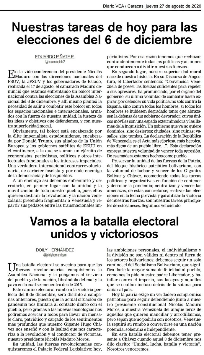 doilyhernandezm's tweet photo. Feliz y bendecido Jueves para tod@s acá les dejo dos artículos publicado en el #DiarioVea que dirigen nuestro hermano @IldegarGill el primero firmado por el camarada @eduardopiate2 Secretario del @PartidoPSUV y el otro por mi persona.
@NicolasMaduro
#BrigadasAgroproductivas https://t.co/dTkr5QoGvC