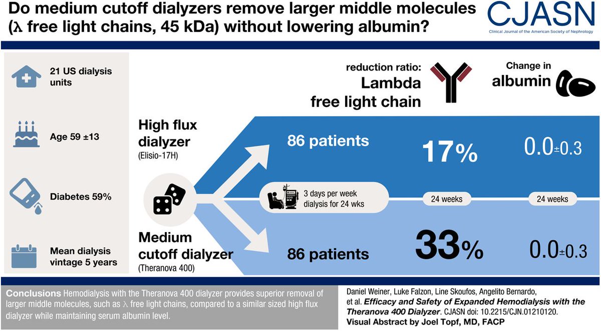 asnpublications's tweet photo. A new study found that hemodialysis therapy with the Theranova 400 dialyzer provides superior removal of larger middle molecules, as exemplified by free λ light chains, compared with a similar size high-flux dialyzer, while maintaining serum albumin level. https://t.co/imWaBeANTp https://t.co/pb6TV4hRZX