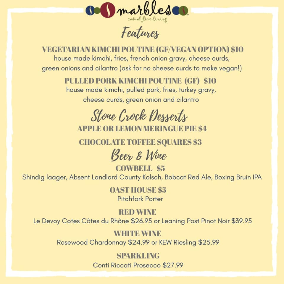 We’re all about the poutine on our takeout menu this week! Our features are a Vegetarian Kimchi Poutine and Pulled Pork Kimchi Poutine! Open from 3pm onwards for takeout or patio dining!