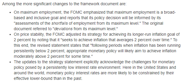 The Fed's announces tweaks to its monetary policy strategy. https://www.federalreserve.gov/newsevents/pressreleases/monetary20200827a.htm