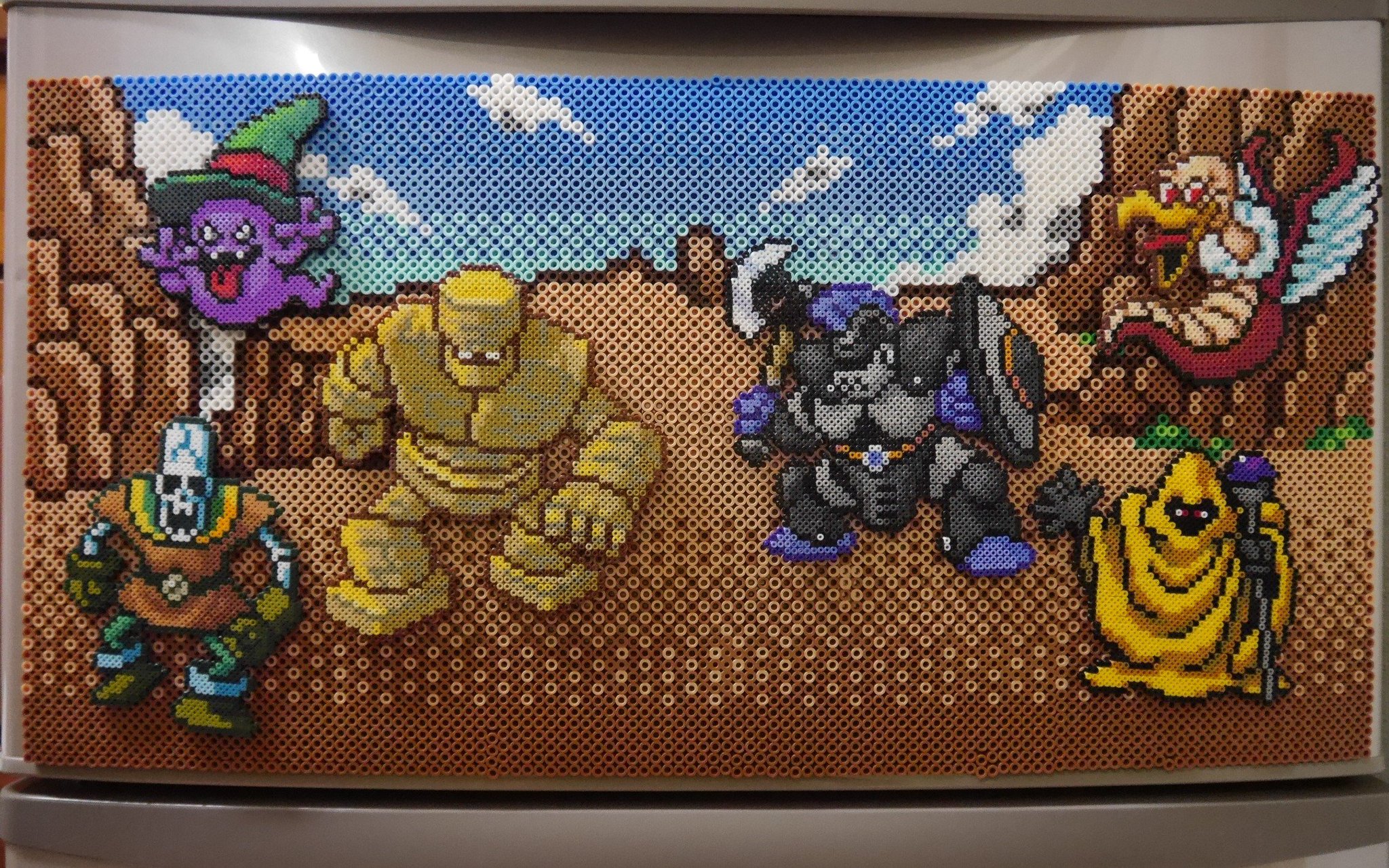 あおいいぬ 戦闘背景その２ー 完成 背景の裏側にネオジム磁石を張り付け モンスターにも磁石を仕込んで出来上がりー １つ目の背景よりうまくいった 背景はしばらくやらないつもりだったけど またやろうかな アイロンビーズ ドラクエ 戦闘