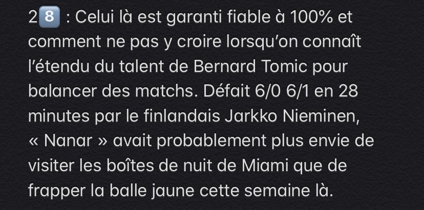 1 : Bon celui là on en est pas sûr, mais je me sens un peu obligé de le mettre tant il semble improbable. En 1946, lors du tournoi de Surrey, Jack Harper bat J.Sandiford 6-0 6-0 en... 18 minutes. Il n’aurait d’ailleurs concédé qu’un seul point durant le match.