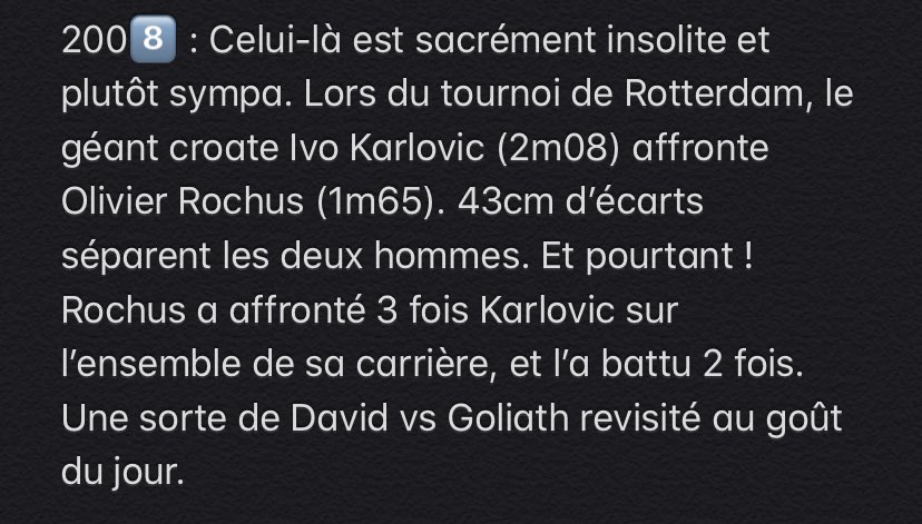 1 : Bon celui là on en est pas sûr, mais je me sens un peu obligé de le mettre tant il semble improbable. En 1946, lors du tournoi de Surrey, Jack Harper bat J.Sandiford 6-0 6-0 en... 18 minutes. Il n’aurait d’ailleurs concédé qu’un seul point durant le match.