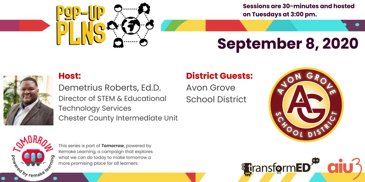 transformED (@transformed_aiu) on Twitter photo It's not too early to register for the 9/8 #PopUpPLN featuring host <a href="/DoctorDRoberts/">Demetrius C. Roberts</a> of <a href="/CCIU_24/">Chester County Intermediate Unit</a> and guests from Avon Grove SD!
More information: aiu3.net/Page/4914
@AlleghenyIU3 <a href="/PADeptofEd/">PA Department of Education</a> <a href="/remakelearning/">Remake Learning</a> It's not too early to register for the 9/8 #PopUpPLN featuring host <a href="/DoctorDRoberts/">Demetrius C. Roberts</a> of <a href="/CCIU_24/">Chester County Intermediate Unit</a> and guests from Avon Grove SD!
More information: aiu3.net/Page/4914
@AlleghenyIU3 <a href="/PADeptofEd/">PA Department of Education</a> <a href="/remakelearning/">Remake Learning</a>