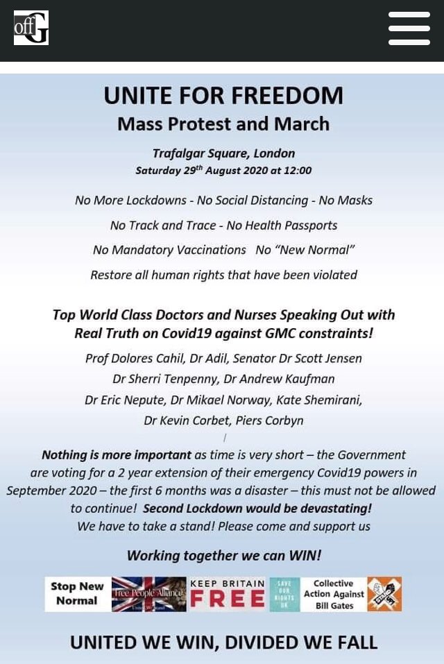 Part 3The “Unite for Freedom” anti-mask march in London this weekend features some of the same names as the Dublin one above, including Delores Cahill of the far right Irish Freedom Party
