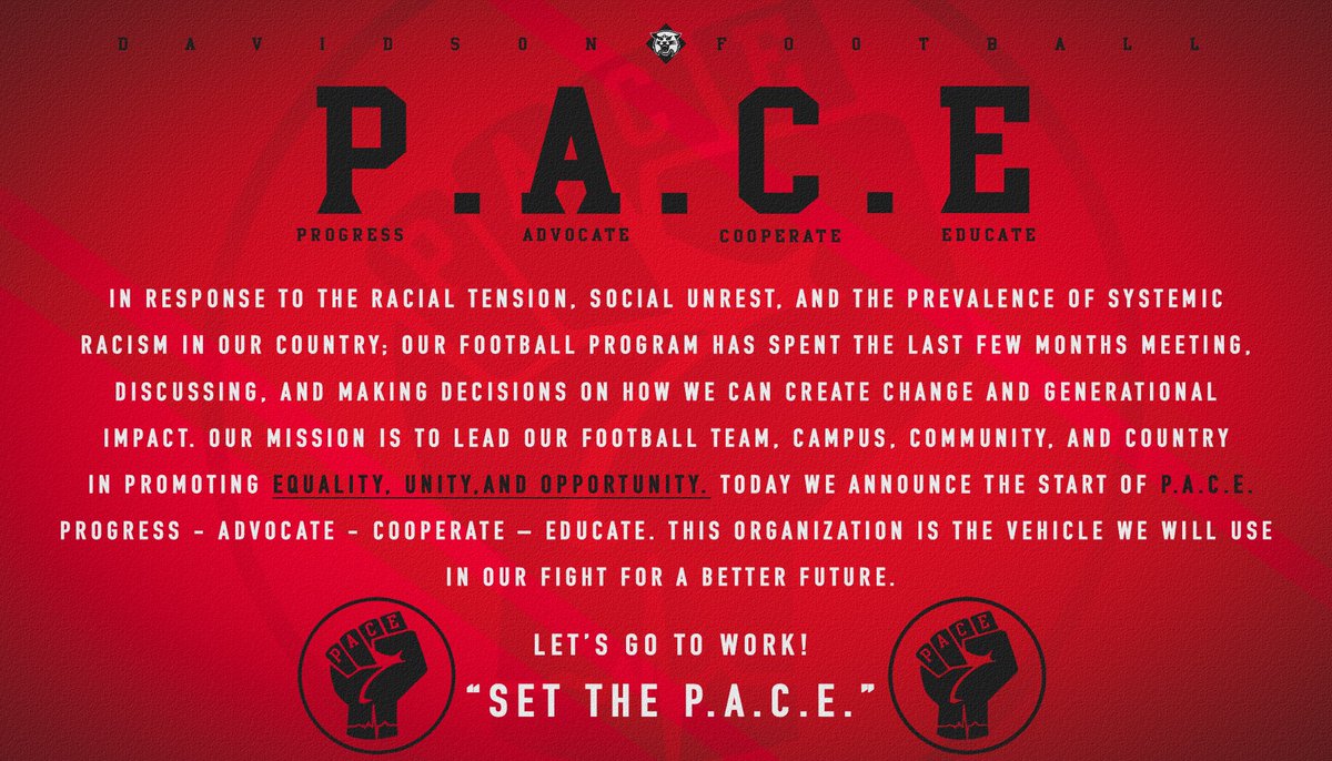 DavidsonFB's tweet image. Our football program is so excited to announce PACE❗️

PACE is an organization made up of our football players and staff. We will use PACE to help the fight against systematic racism in our country❗️

Statement below⬇️
#BLM