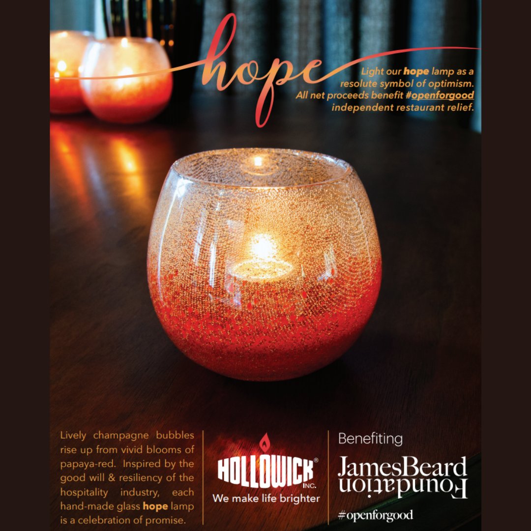 Each hand-made glass Hope Lamp is a celebration of promise. ❤️🔥💛 Net proceeds from every lamp purchased benefit the <a href="/beardfoundation/">James Beard Foundation</a> #OpenforGood campaign >> ow.ly/acmc50AP7sW

#lighting #tabletoplighting #tabletopdesign #lightingdesign #fuel #candlelight #votives