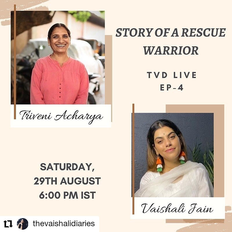 Watch Triveni Acharya Founder and CEO of Rescue Foundation going live with Vaishali Jain at TVD Live Ep4. 
Join us for an empowering &amp; inspiring session this Saturday, 29th of August at 6 PM 
#rescuefoundationia
#HumanTrafficking 
#InstagramLive  
#womenempoweringwomen