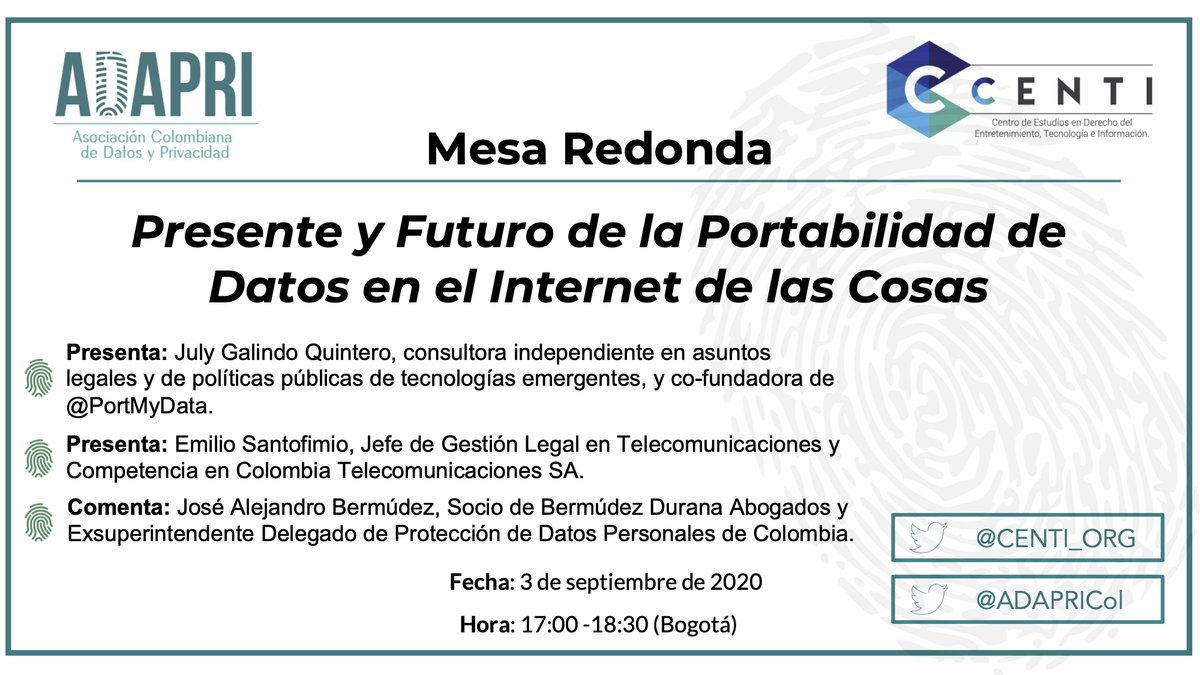 ADAPRI (@adapricol) on Twitter photo No se pierdan nuestra próxima mesa redonda sobre el presente y el futuro de la portabilidad en los datos personales en Colombia. Presentaciones de <a href="/JulesGQ/">July Galindo-Quintero</a> y <a href="/ESantofimioJ/">Emilio Santofimio J</a> con comentarios de <a href="/bermudezdurana/">Jose A. Bermudez</a>.
Más información en adapri.com/eventos/ No se pierdan nuestra próxima mesa redonda sobre el presente y el futuro de la portabilidad en los datos personales en Colombia. Presentaciones de <a href="/JulesGQ/">July Galindo-Quintero</a> y <a href="/ESantofimioJ/">Emilio Santofimio J</a> con comentarios de <a href="/bermudezdurana/">Jose A. Bermudez</a>.
Más información en adapri.com/eventos/