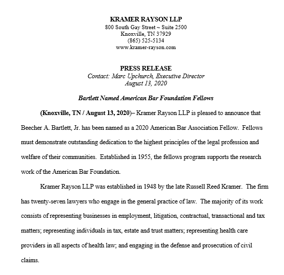 KramerRayson's tweet photo. Congratulations to Attorney Beecher Bartlett for being named as a 2020 American Bar Association Fellow...A well-deserved honor! #KramerRayson https://t.co/CSUUbrYVqa