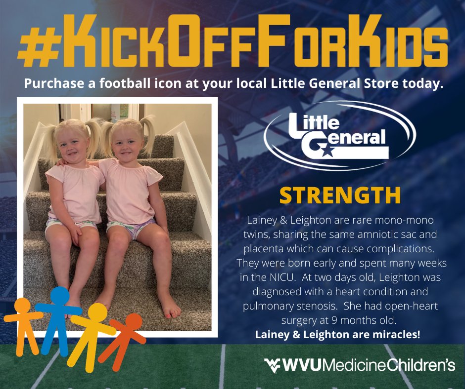 lgstores's tweet photo. Success stories like Lainey and Leighton are truly miraculous to hear! Help kids just like them at WVU Medicine Children's by purchasing a foothball icon at your local Little General Store.
#KickOffForKids #littlegeneralstores #lgstoreswv https://t.co/mOFFc7Gxcz