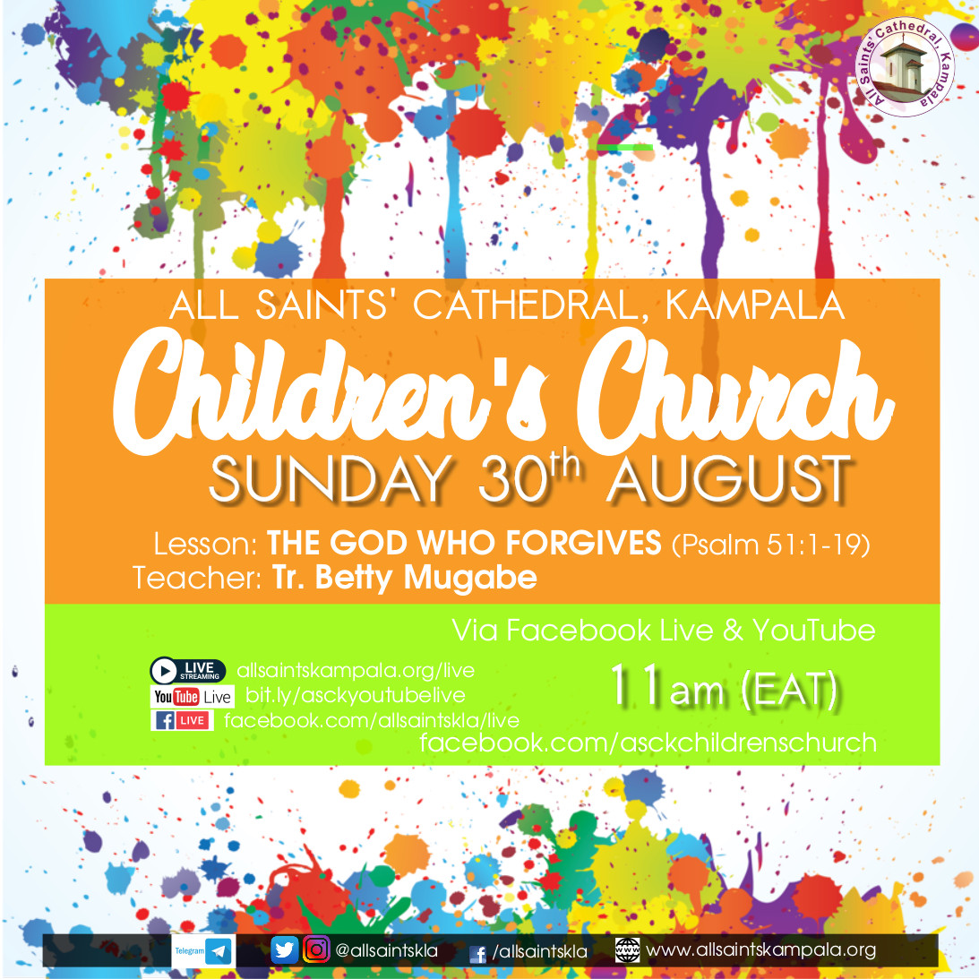 allsaintskla's tweet photo. #ASCKChildrenChurch #ASCKChurchOnline 

Join us ONLINE (Facebook &amp; YouTube) for CHILDREN CHURCH
Sunday 30th August 2020 from 11am (EAT)

Lesson: THE GOD WHO FORGIVES (Psalm 51:1-19)
--
PARTNER with us through GIVING, visit https://t.co/0RW0JIduoj. https://t.co/gfgnqnD9lc