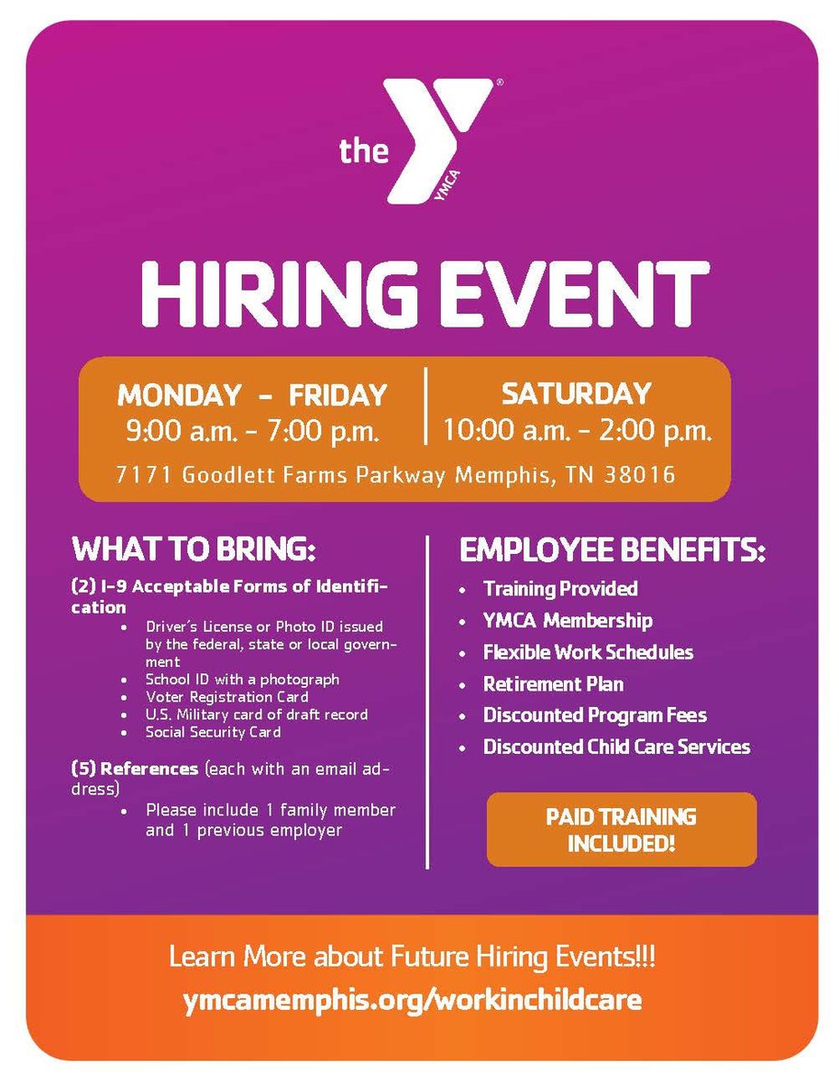 Work at the Y🏫  Open interviews Thursday, Friday and Saturday at 7171 Goodlett Farms Parkway.  See flyer details.  We look forward to meeting you.
