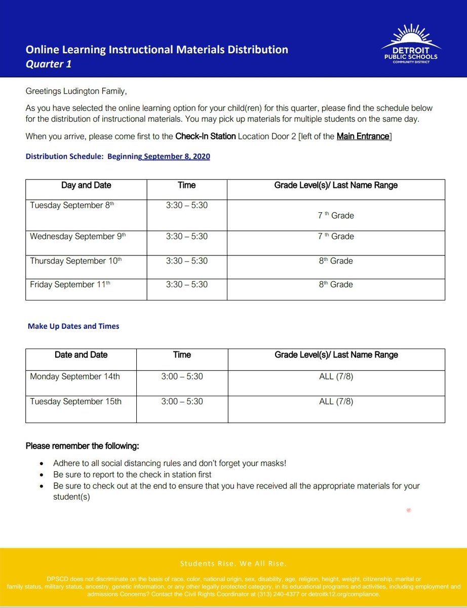 LudingtonMHMS's tweet photo. Ludington Material Distribution Schedule #LudingtonLeaders #TheLudingtonWay https://t.co/tXVg2IU3RD