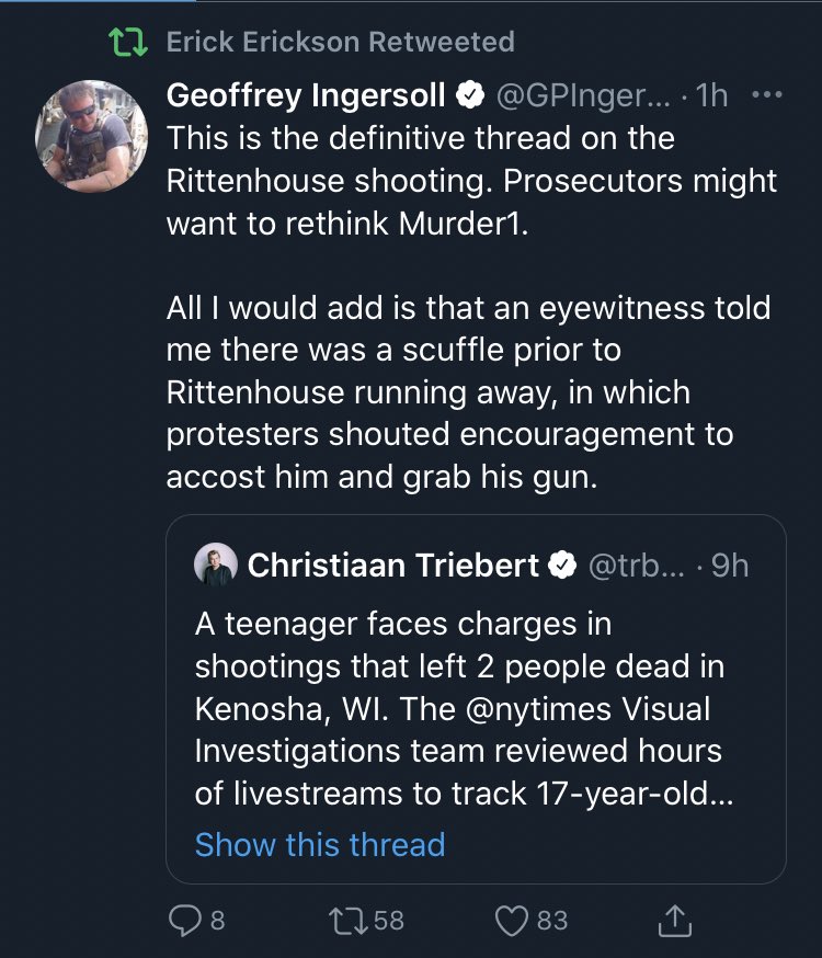 Here’s the new narrative: Using non-lethal force to disarm a vigilante illegally brandishing an assault weapon—who just shot somebody in the head—is *the real crime,* and that vigilante acted in self-defense when he shot the men trying to disarm him.This is fully delusional.