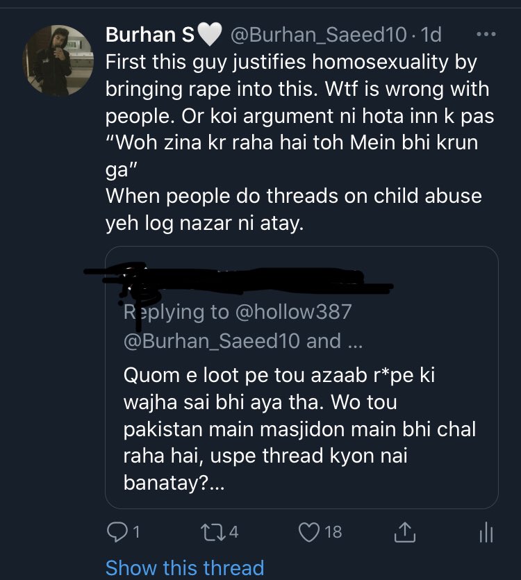 Another hilarious rebuttal is going to be “qoum e loot did this this this but in our country children get raped in mosque and so on” First of all, Whats wrong with you?Justifying homosexuality with rape? Tf seriously? I can show you 1000 screenshots like these