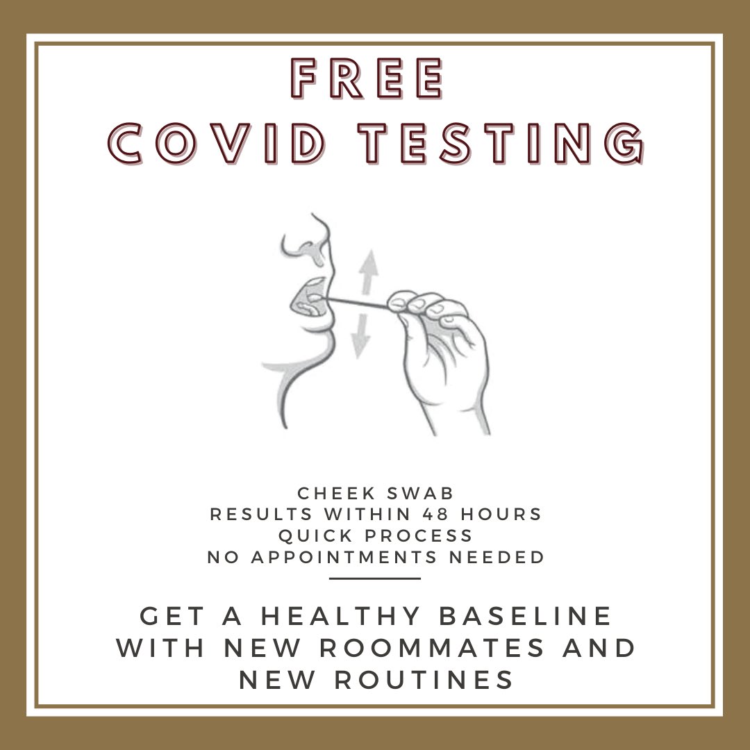 FREE COVID TESTING! 
Thurs- Sat 10am-2pm
2601 Rattler Road, San Marcos

#TXST Get a healthy baseline with new roommates and new routines with free cheek swab COVID test offered by <a href="/hayscountygov/">Hays County Texas</a>.  No appointment needed. RT to share. 
#smtx #txst24 #BlessEmUpCats