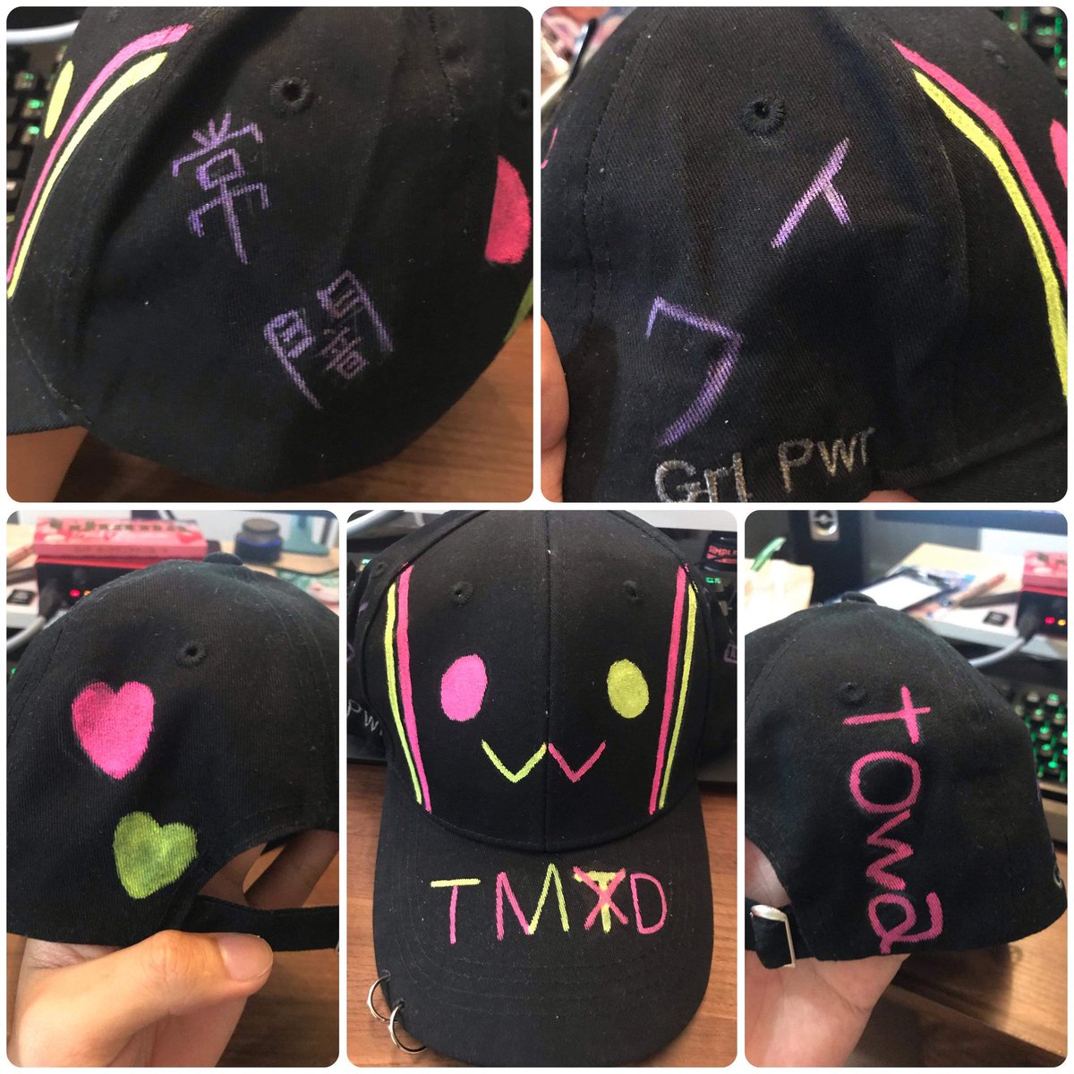 自製常闇トワ的眷屬帽帽
全部自己畫的，鐡環也是自己釘進去

加了點巧思
把トワ様身上的一些標誌也加進去
😈
#TOWART