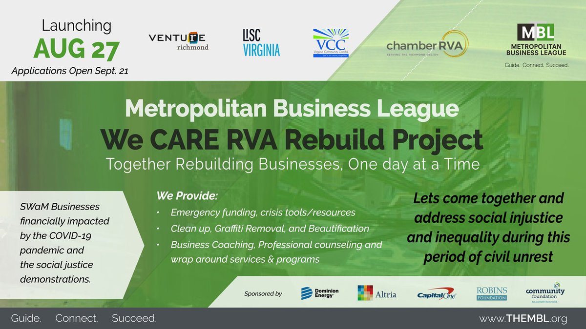 theMBL's tweet image. We Care RVA Rebuild Project will provide clean up, professional services and counseling in the areas of insurance, legal, and architectural design for qualified businesses.
Application Period:  Monday, September 21, 2020

thembl.org/we-care-rva-re…