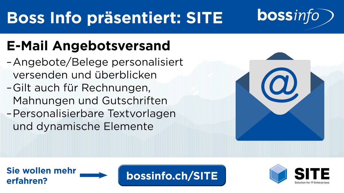 Sparen Sie wertvolle Zeit beim Versand von Angeboten per E-Mail. Die integrierte Unternehmenssoftware SITE besticht durch den einfachen Angebotsversand per Knopfdruck. Erfahren Sie mehr über die integrierte Business-Lösung. bit.ly/SITE-E-Mail-An…