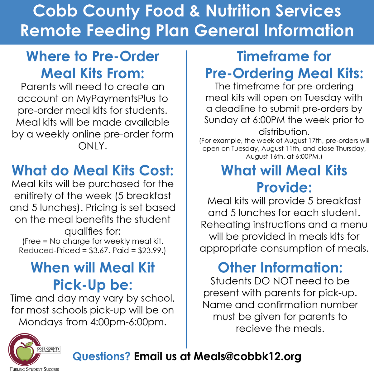Did you know you could order meal kits for breakfast and lunch to last a week prepared by our Bullard Cafe Staff?  See the graphic for details!