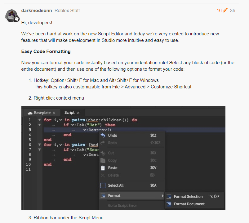 Rtc On Twitter News Devforum Has Officially Announced A Script Editor Update This Includes Easy Code Formatting Pasting Code Into Studio Which Got A Lot Easier Multi Line Comments And Strings And - roblox script news
