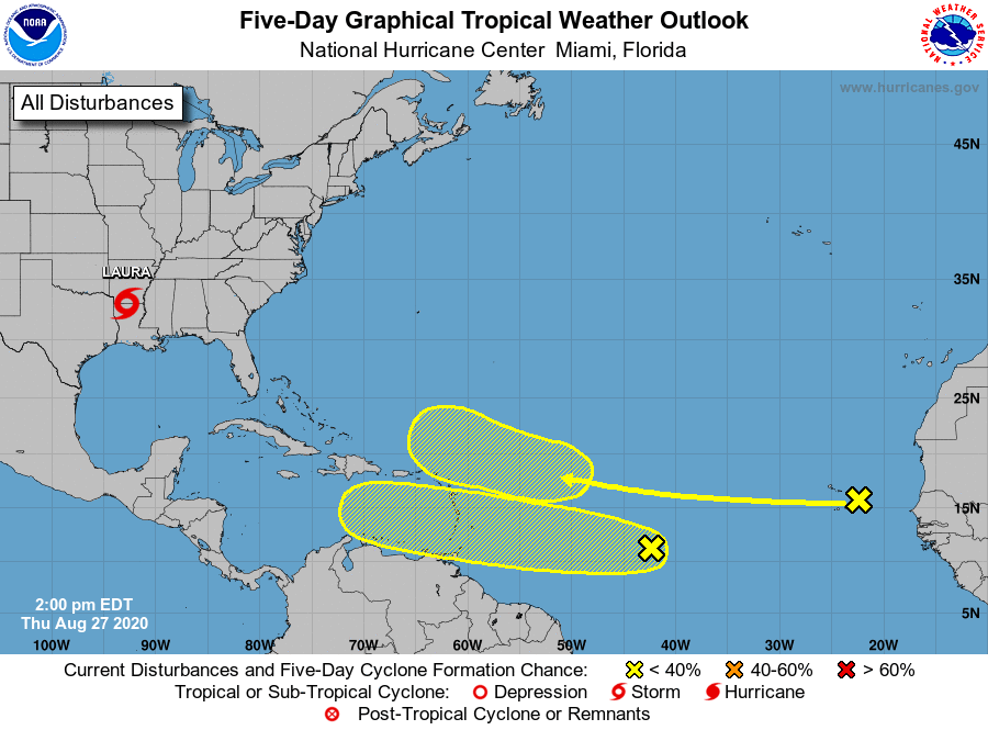 weatherjamaica's tweet photo. According to the National Hurricane Center, two tropical waves now east of the Caribbean have a 30% chance of developing into tropical storms/hurricanes within the next five days as they move westward. Jamaicans should stay alert just in case. The next name on the list is Nana. https://t.co/ii2Q5qcoGB